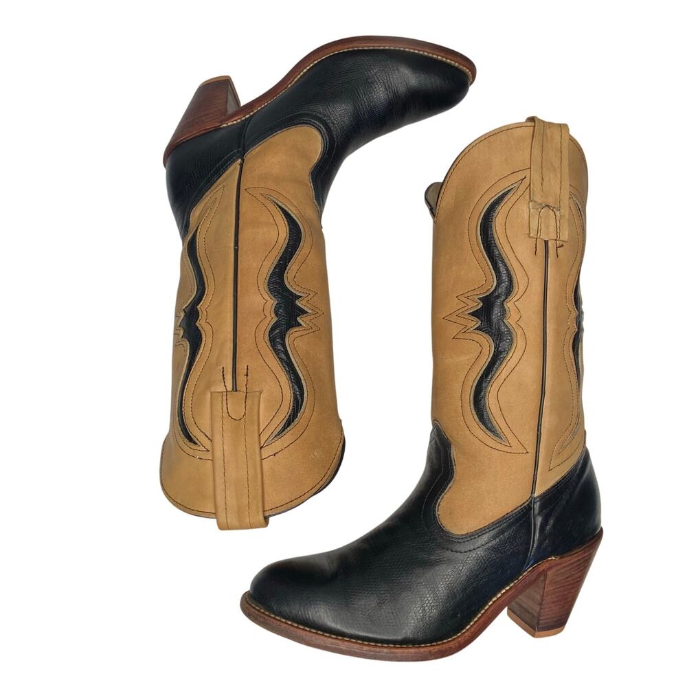 Frye Longhorn Inlay Leather Cowgirl Boots Sz 7.5 Black Tan Leather Vintage - Picture 4 of 16